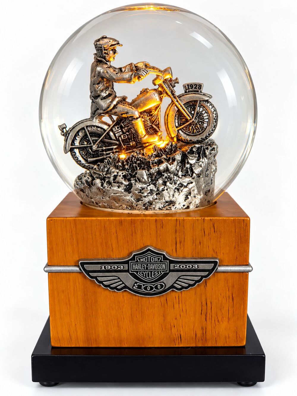 Harley Davidson 100th Anniversary Snow Globe 1903-2003 Lighted Sound 1928 Bike